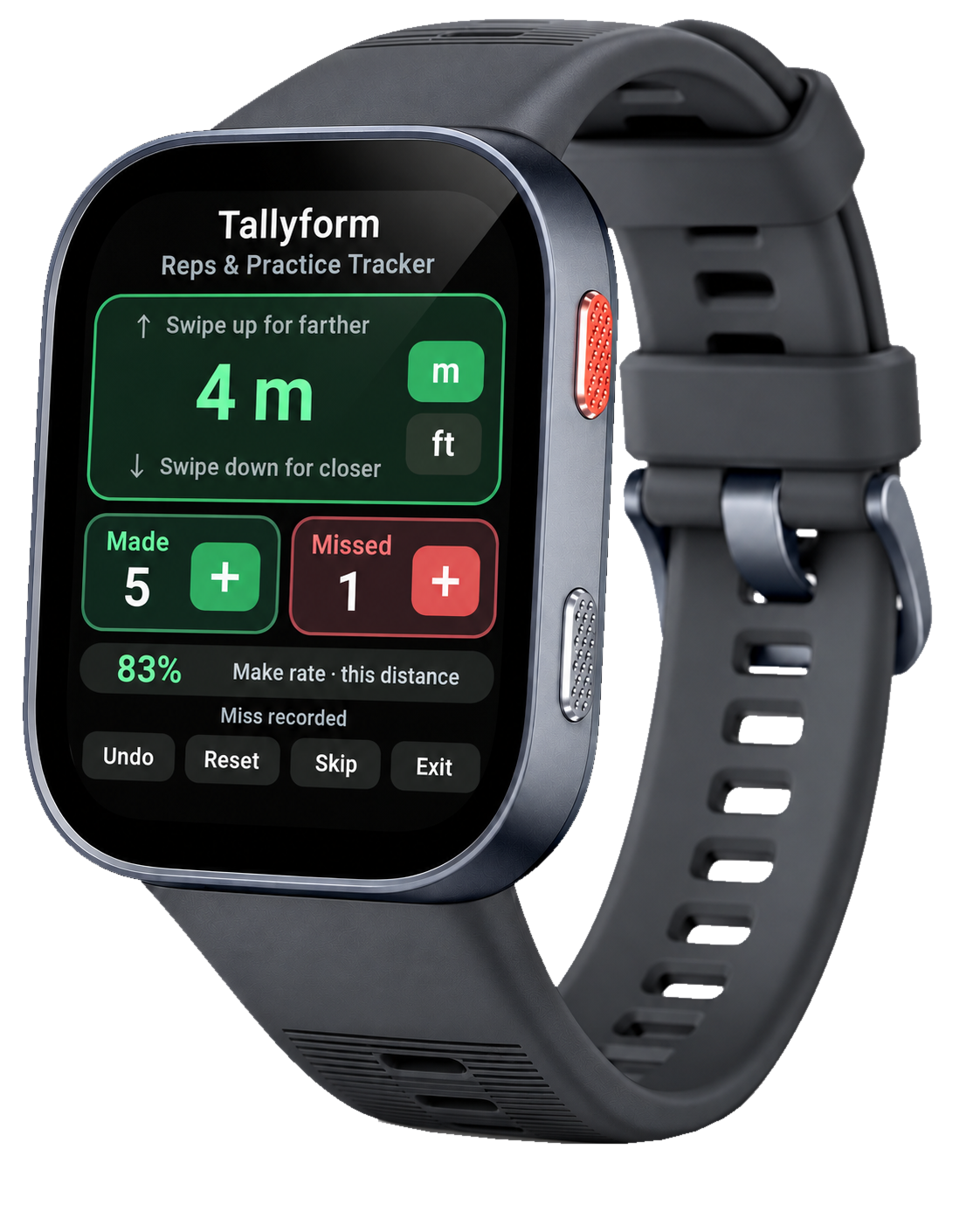 Illustrative Amazfit Bip Max render displaying Tallyform, with 4 m, 5 made, 1 missed and an 83% make rate.